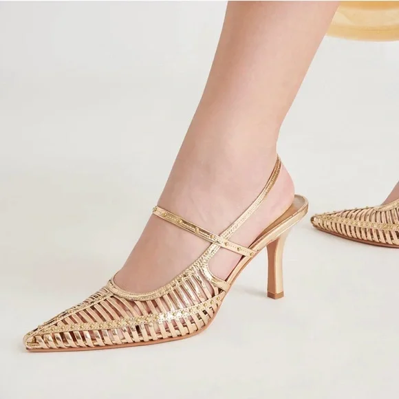 🆕 Dolce Vita Distressed Gold Strap Cage Leather Slingback Pointed Toe Heels 9.5 - Picture 5 of 17